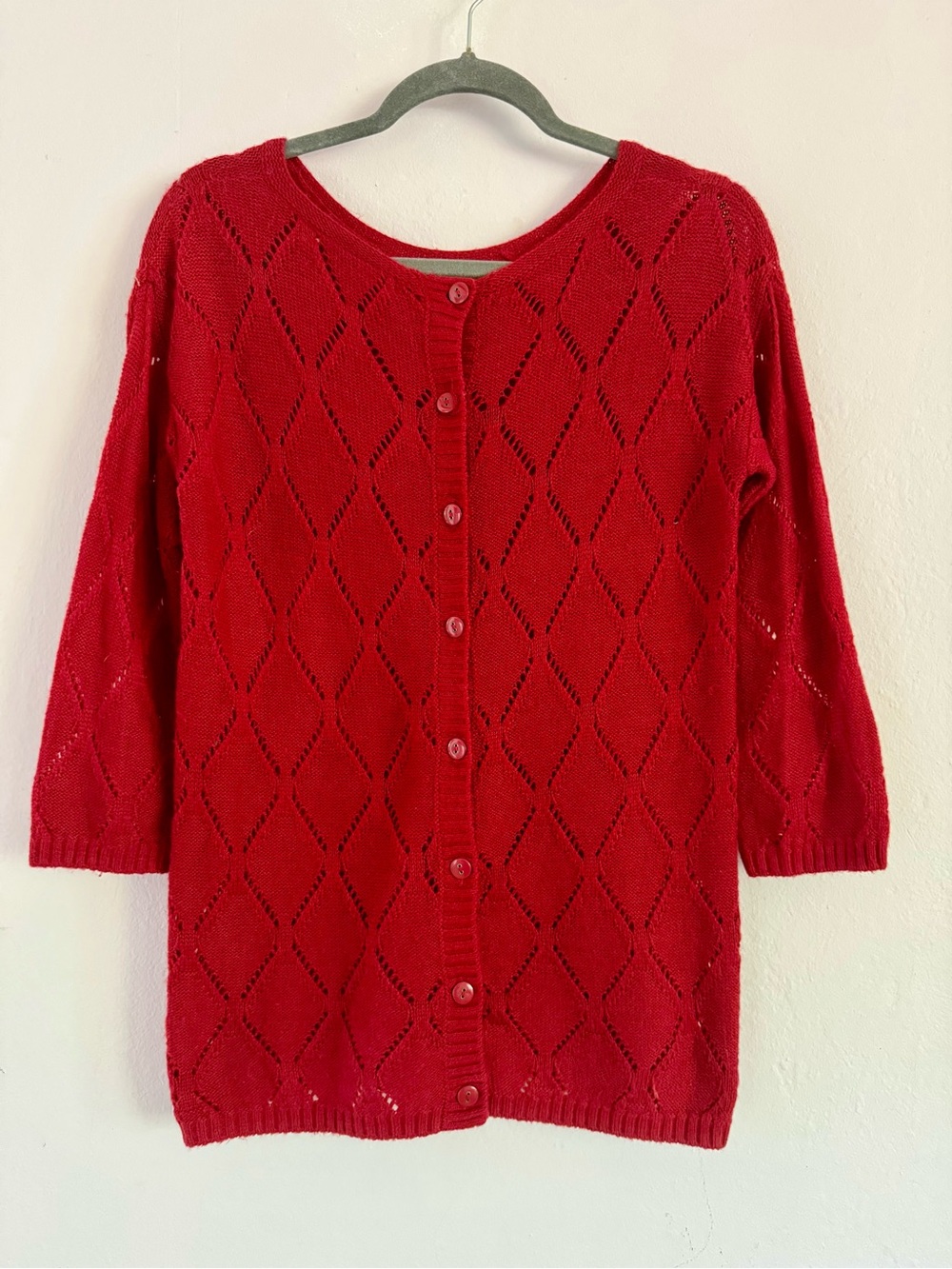 Vintage Red Pointelle Diamond Knit Long Cardigan Sweater Button Front